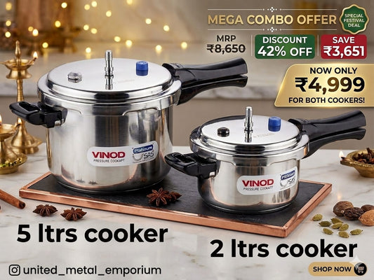 Vinod Platinum Pressure Cooker Combo – 5ltr + 2ltr (Buy 1 Get 1 Free)