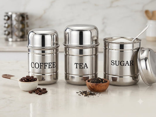 Stainless Steel Coffee, Tea & Sugar Container Set | 3-Piece Kitchen Storage Box with Lids