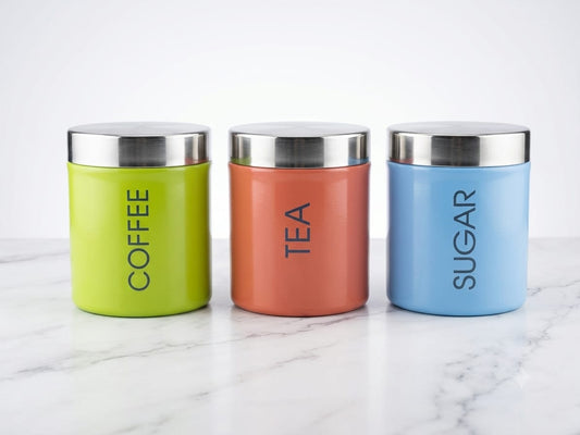 Coffee, Tea & Sugar Container Set | 3-Piece Colourful Kitchen Storage Jars with Stainless Steel Lids