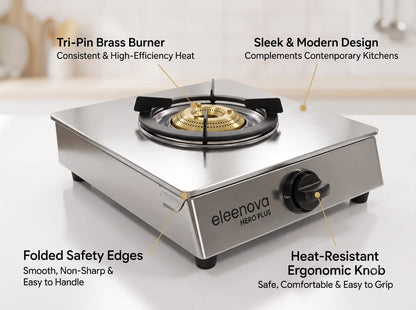 Eleenova Hero Plus Single Burner Gas Stove – Stainless Steel, Tri-Pin Brass Burner