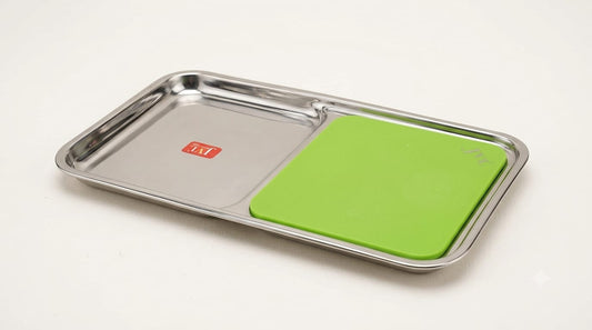 JVL Stainless Steel Chopping Tray with Cutting Board | 2-in-1 Vegetable Cutting & Serving Tray | Food Grade Steel