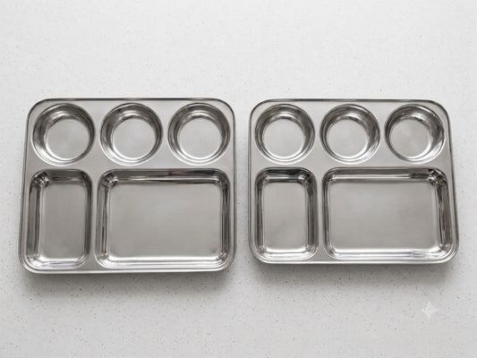 Stainless Steel Dinner Plate | Square 5 Compartment Bhojan Thali | 2 Sizes