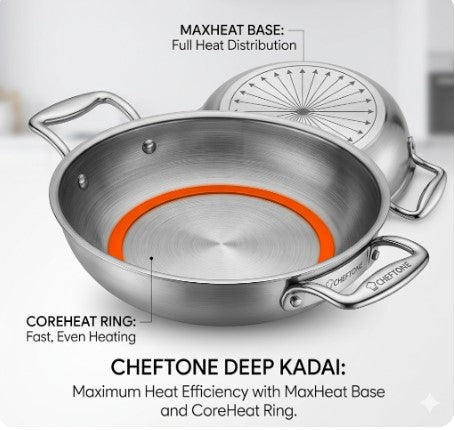 Cheftone Triply Stainless Steel Deep Kadai | Induction & Gas Compatible | No Coating