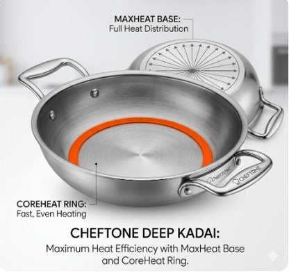 Cheftone Triply Stainless Steel Deep Kadai | Induction & Gas Compatible | No Coating