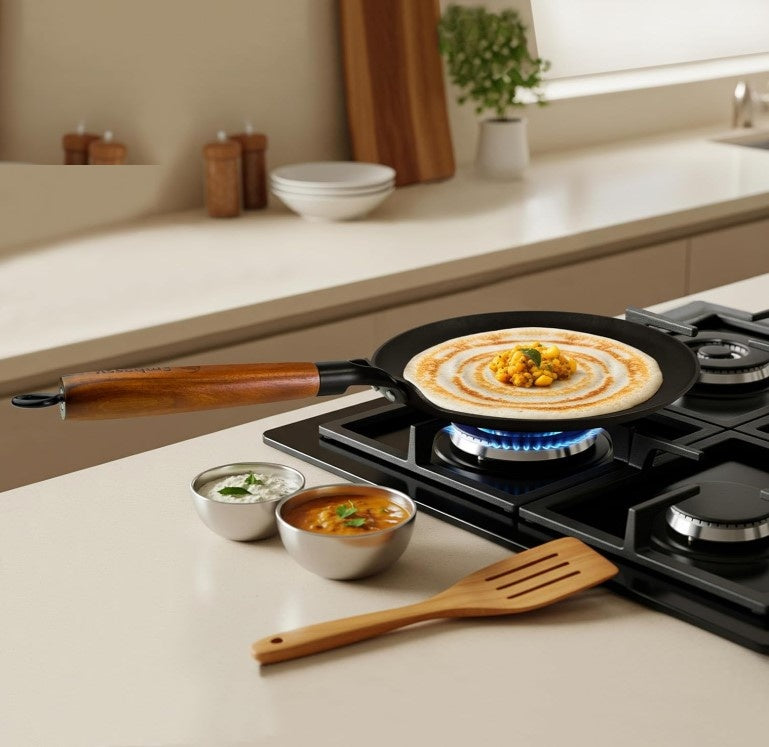 Embassy Touchstone Cast Iron Dosa Tawa with Wooden Handle | Pre-Seasoned, Naturally Non-Stick | Gas & Induction Compatible