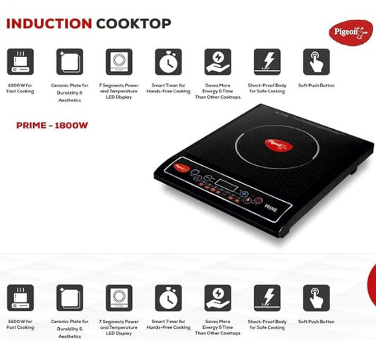 Pigeon by Stovekraft Prime 1800-Watt Induction Cooktop (Black) | 7 Preset Indian Cooking Menus | Smart Timer & LED Display | Energy Saving Push Button Induction Stove