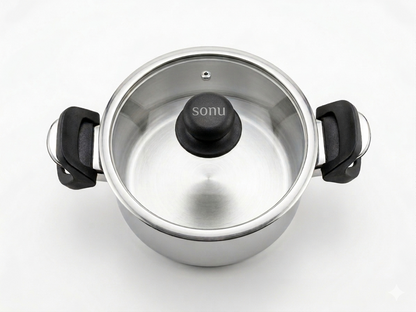 Sonu Stainless Steel Idli Steamer Pot | Glass Lid + Strainer Lid | 4 Plates | Mirror Finish | Gas & Induction Compatible