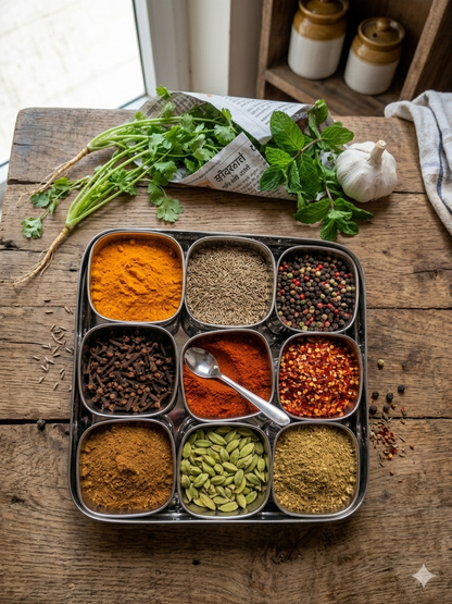 Square Stainless Steel Masala Box with 9 Spice Containers, Lid & Spoon | Rust-Proof Steel Masala Dabba