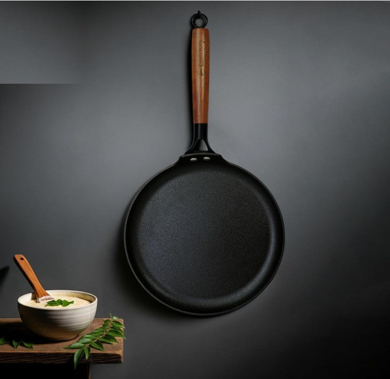 Embassy Touchstone Cast Iron Dosa Tawa with Wooden Handle | Pre-Seasoned, Naturally Non-Stick | Gas & Induction Compatible