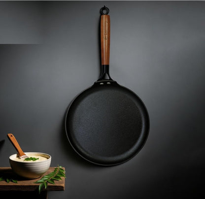 Embassy Touchstone Cast Iron Dosa Tawa with Wooden Handle | Pre-Seasoned, Naturally Non-Stick | Gas & Induction Compatible